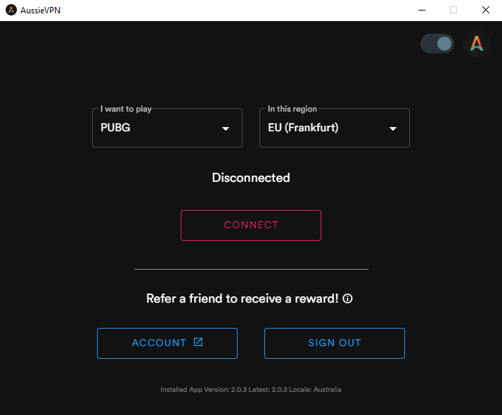 AussieVPN Desktop Application Screenshot